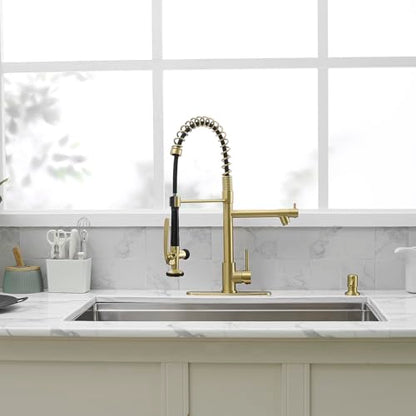 Fapully Commercial Kitchen Sink Faucet with Pull Down Sprayer Brushed Gold | Single Handle Faucets for Kitchen Sink, Kitchen Faucet with Soap Dispenser and Deck Plack for 4 Holes, 1.8GPM Water Flow - color: Brushed Gold, style: Contemporary