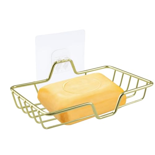 1Pack Soap Dish, Self Draining Stainless Steel Soap Dish Holder Tray Wall Mount Sponge Holder Caddy Rack for Bathroom & Kitchen(Gold) - color: Gold Adhesive-1pcs, size: 1 Layer