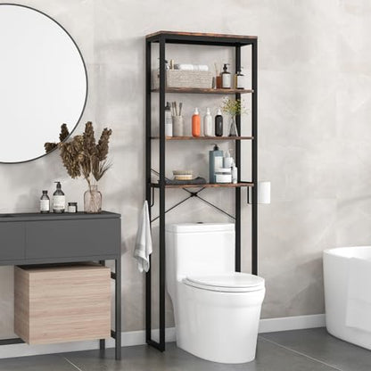 LOKO Bathroom Over The Toilet Storage Rack, 4-Tier Industrial Organizer Shelf with Toilet Paper Holder & Hook, Multifunctional Freestanding Space Saver Plant Stand for Laundry Balcony, Rustic Brown