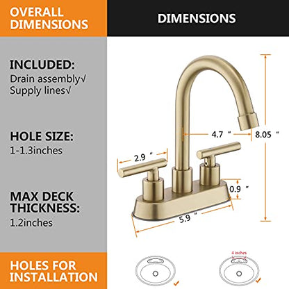 Gold Bathroom Faucet, 2 Handle 4 Inch Centerset Sink Faucet with Drain | Yardmonet Brushed Gold Bathroom Sink Faucet, 2-Handle Stainless Steel Vanity Faucet with Pop-Up Drain and Supply Lines - color: Brushed Gold