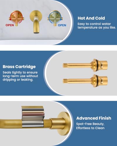 Airuida Solid Brass Antique Brass Wall Mount Bathroom Faucet | 360° Swivel Spout,Rough in Valve,2 Cross Handle,3 Hole,Widespread - color: Antique Brass