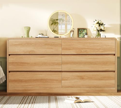 55" Dresser for Bedroom with 6 Drawers, Dressers & Chests of Drawers with Curved Profile Design, 6 Drawer Dresser, Bedroom Dressers, Wood Dressers for Bedroom, Hallway, Natural - color: Natural, 6 Drawers