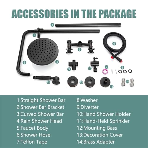 Heyalan Dual Shower System, 8 Inch Rain Head, Handheld,Oil Rubbed Bronze | Dual shower system with 8 inch rain head, handheld sprayer, exposed pipe design, two-handle control, and brass body. - color: Oil Rubbed Bronze