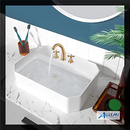Widespread Bathroom Faucet 3 Hole Sink Faucet 8 Inch Two Cross Handles Solid Brass Deck Mount Pop Up Drain Assembly Included Curved Spout Antique Brass - color: Antique Brass