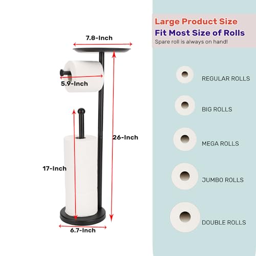 Black Toilet Paper Holder Stand, Freestanding Toilet Paper Holder with Shelf for Small Items, Toilet Paper Stand with Storage Space for 4 Extra Toilet Paper Rolls - color: Black Matte