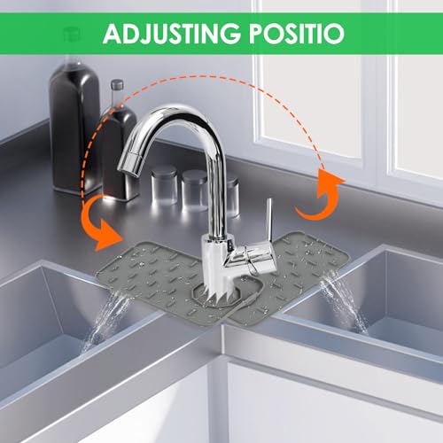 2Pcs Silicone Sink Faucet Splash Guard Mat, Soap Dish Pad Faucet Handle Drip Catch Sponge Holder Sink Protector Tray with Outlet & Slope for Bathroom Kitchen Countertop RV Gadget 8.3 x 5.3 Inch