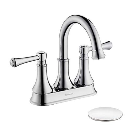 TimeArrow Chrome 4 Inch Two Handle Centerset Bathroom Sink Faucet 3 Holes with Pop up Drain, High Arc Modern Bathroom Vanity Lavatory Faucet with Brass 360° Swivel Spout, TAF067Y-CP | TimeArrow High Arc Modern 2-Handle Bathroom Faucet, Vanity Lavatory Fau