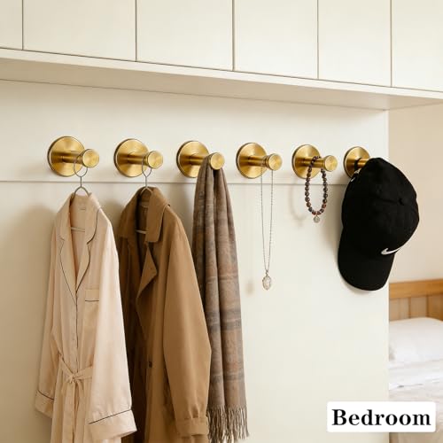 Bath Towel Hooks, 6 Pack Self Adhesive Coat Hooks, Sturdy No Drilling Robe Hook, SUS 304 Stainless Steel Heavy Duty Clothes Hanger, Wall Hooks for Bathroom Bedroom Kitchen (2 in, ‎Gold) - color: Gold-6