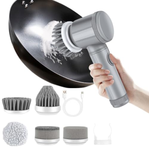 Electric Cordless Spin Cleaning Scrubber, Powerful Handheld Shower Cleaner with 6 Interchangeable Brush Heads, Multi-Surface Cleaner for Bathroom Tub Tile Grout Kitchen Sink Window Floor Car, Gray