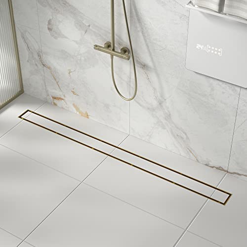 Linear Shower Drain, 304 Stainless Steel Floor Drain 42" | with Tiled Insert Grate & Hair Strainer, Bathroom 2-in-1 Tiled in Drain, CUPC Certified - color: Brushed Gold, size: 42''
