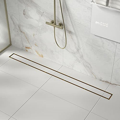 Linear Shower Drain, 304 Stainless Steel Floor Drain 42" | with Tiled Insert Grate & Hair Strainer, Bathroom 2-in-1 Tiled in Drain, CUPC Certified - color: Brushed Gold, size: 42''