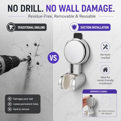 Suction Cup Shower Head Holder, Chrome, No Drill, Adjustable | Strong Suction Hold, Removable No-Drill Wall Mount with Adjustable Angle for Smooth Tile, Glass, Marble and Metal Surfaces - style: Chrome-L