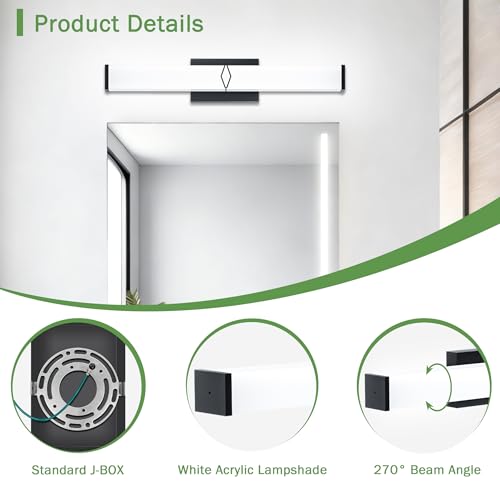 24 Inch Bathroom Vanity Light 2500LM, 5700K Daylight White Modern Bathroom Light Dimmable, AC 120V 25W Matte Black LED Vanity Lighting Fixtures Wall Sconce ETL Certified, 1Pack - color: Matte Black-5700K, size: 24 INCH