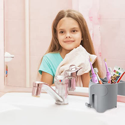 Elephant Toothbrush Holder for Toddler, Suction Cup Cute Toothbrush Holder for Kids, for Bathroom, with 3 Slots and 1 Hook, Grey - color: Grey