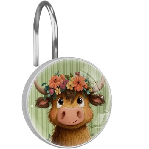 Crystal Glass Shower Curtain Hooks Set of 12, Rustproof Shower Curtain Rings for Bathroom, Highland Cow and Flowers Decorative Shower Curtain Hangers for Shower Curtain Rod, Bedroom - color: Highland Cow and Flowers
