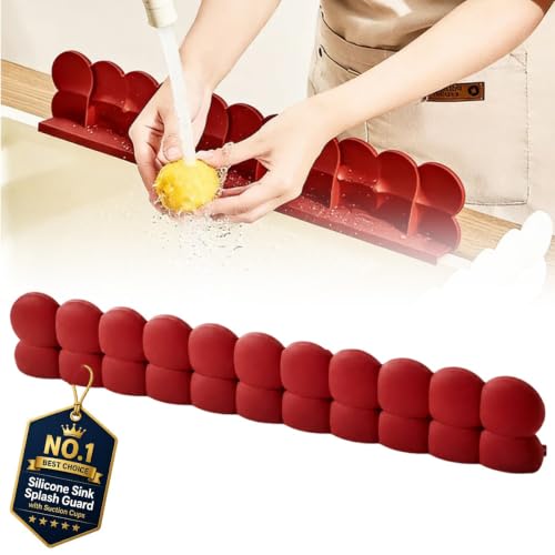 Silicone Sink Splash Guard with Suction Cups for Kitchen Faucet Area | Flexible Water Barrier for Bathroom Counters, Backsplash Edges, Tubs, Bathtubs and Countertop Splash Control(Red) - color: Red