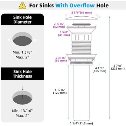 Angle Simple Bathroom Sink Stopper, Brass Pop Up Sink Drain, Brushed Nickel | Only for Sink with Overflow Hole, Fit Drain Hole with 1.61 to 2 Inches Diameter, Fast Drainage - color: Brushed Nickel