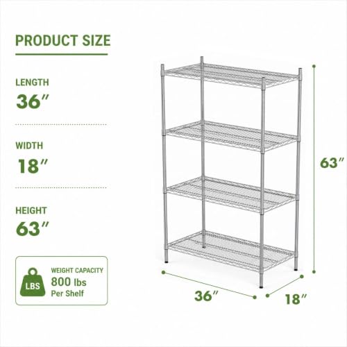 APLSS NSF 4-Tier Chrome Storage Shelves, 18"x36"x63", Dry Environments, Commercial Heavy Duty Steel Wire Shelving Unit, 800lbs Per Shelf, Kitchen Garage - color: Chrome, size: 18"x36"x63"