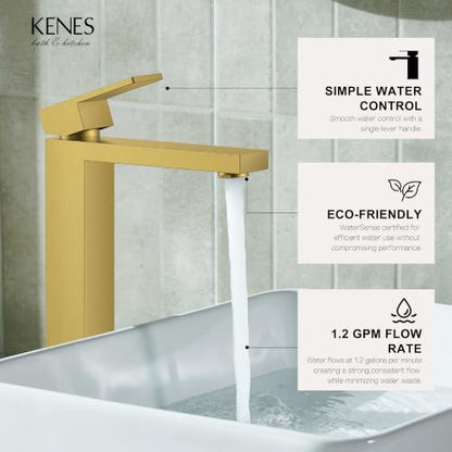 Brushed Gold Vessel Sink Faucet Single Hole Tall Bathroom Sink Faucet | Vessel Bowl Faucet with Pop Up Drain & Supply Lines, Lead-Free cUPC & NSF Certified, 1 Hole Faucet for Vanity RV Restroom - color: Gold, size: Tall