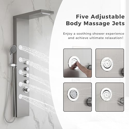 DELAVIN Stainless Steel Shower Tower, Multi Function Shower Panel Tower | Rainfall Waterfal, Full Body Shower System with Body Jets and Handheld Shower, Brushed Nickel, Solution for Rental Properties - style: 5 Body Jets