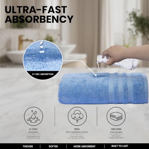 Bath Towels Set of 4 Extra Large Towels set 30x60 In, 100% Uzbek Cotton 600 GSM Oeko-TEX, Larger & Lighter Weight Quicker to Dry, Super Soft and Absorbent, Perfect for Bathroom- Light Blue - color: Light Blue