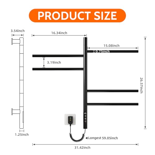 Heated Towel Racks for Bathroom, 180° Swivel Electric Towel Warmer Rack with Touch Panel, Multi-Level Timer & Temperature Adjustments, Wall Mounted 5 Bars Hot Towel Rack (Black-01) - color: Black, size: G63