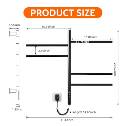 Heated Towel Racks for Bathroom, 180° Swivel Electric Towel Warmer Rack with Touch Panel, Multi-Level Timer & Temperature Adjustments, Wall Mounted 5 Bars Hot Towel Rack (Black-01) - color: Black, size: G63