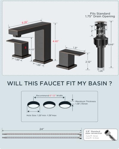 FORIOUS 3 Hole Oil Rubbed Bronze Bathroom Faucet Widespread Square, Antique | CUPC Two Handle 8 In Antique Bronze Bathroom Faucet 3 Hole with Drain, Hose and Water Saving Aerator for Restroom, Commercial - color: Oil Rubbed Bronze, style: Modern