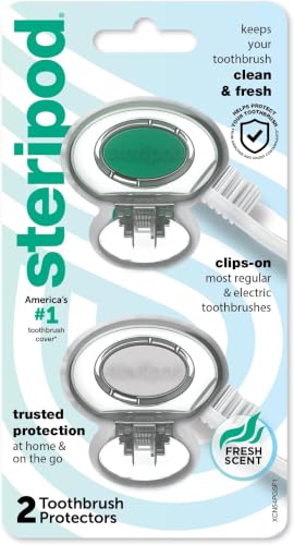 Steripod Clip-on Toothbrush Protector, Green/Silver, 2 Count (Pack of 12) - color: Clear Blue and Clear Green, size: 2 Count (Pack of 12)