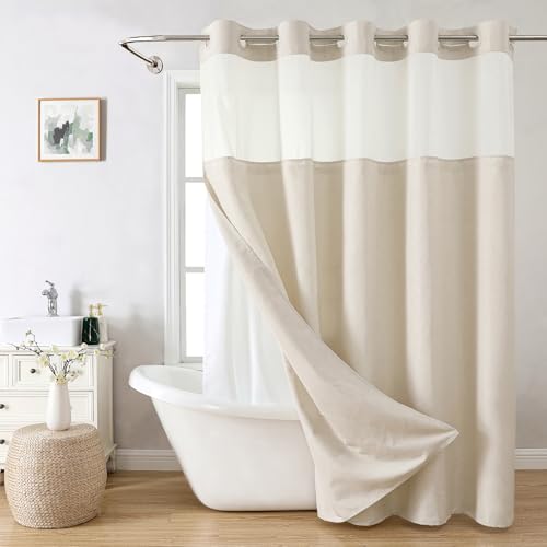 eachope No Hook Linen Texture Shower Curtain with Snap-in Liner,71x92 Cream | Extra Long,230GSM Thick Fabric,Hotel Luxury Decor,Mesh Top Window,Bottom Magnetic,Waterproof & Machine Washable,for Bathroom - color: Cream, size: 71"W x 92"L (Pack of 1)