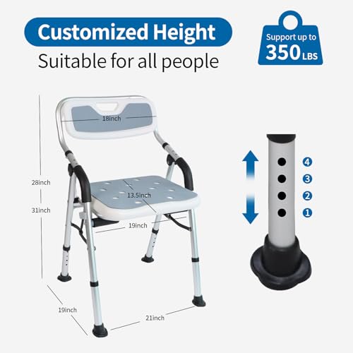 Shower Chair for Elderly & Disabled, Folding Shower Chair Seat with Arm and Back, Inside Shower Chair, Foldable Bathroom Chairs for Sitting, Portable for Travel - Collapsible, Compact & Comfortable