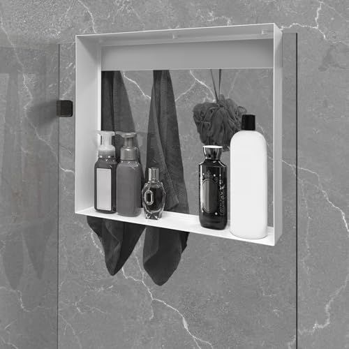 Hanging Shower Shelf with Hooks for Shower Glass Panels | 20"x16" Matte White 304 Stainless Steel | Bathroom Caddy | No-Drill, No-Rust Modern Design - color: Matte White