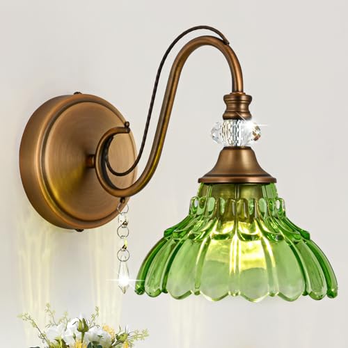 1 Piece Vintage Wall Sconce, 1-Light Matte Antique Brass Finish Wall Sconce with Hanging Crystal Accents and Flower-Shaped Green Shades for Bathroom Bedroom Living Room,Vintage Vanity Light - color: Antique Brass and Green, size: 1-Light