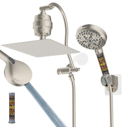 Hibbent All Metal 12'' Filtered Rainfall Shower Head Combo, High Pressure Handheld Shower Head with 12'' Adjustable Curved Extension Arm, 20 Stage Shower Filter, 10-spray, 71'' Hose, Brushed Nickel - color: Brushed Nickel Finished, style: Square 12'' with