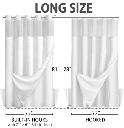 No Hook Shower Curtain with Liner Set Hotel Waffle Curtain White 72W X 81L | Washable Snap in Fabric Liner, Mesh Top Window, Waffle Hotel Style Shower Curtain Set - color: White, size: Long 72"W x 81"L