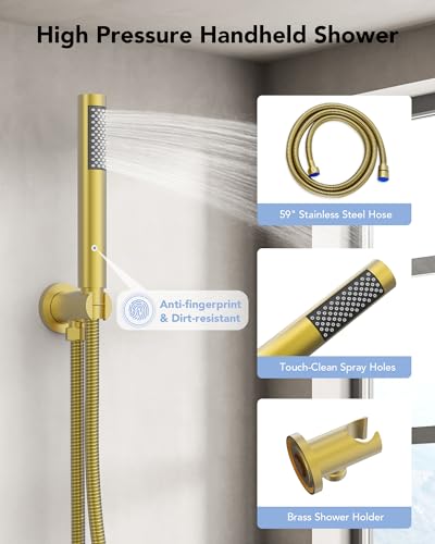 10" High-Pressure Rainfall Shower System with Handheld Spray, Wall Mount Bathroom Shower Faucet Set (Brushed Gold) - color: Brushed Gold, style: No Tub Spout