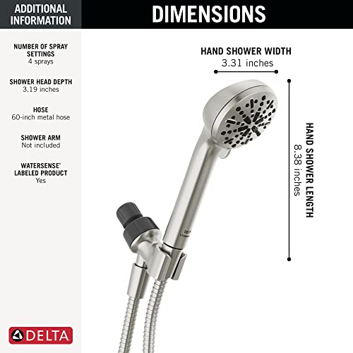 DELTA FAUCET -faucet 4-Spray Handheld Shower Head, Brushed Nickel Shower Head with Hose, Showerheads & Handheld Shower, Shower Head, Detachable Shower Head 1.75 GPM, Brushed Nickel 75413SN, Stainless - color: Stainless