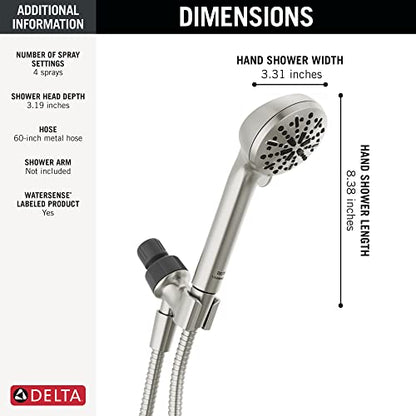 DELTA FAUCET -faucet 4-Spray Handheld Shower Head, Brushed Nickel Shower Head with Hose, Showerheads & Handheld Shower, Shower Head, Detachable Shower Head 1.75 GPM, Brushed Nickel 75413SN, Stainless - color: Stainless