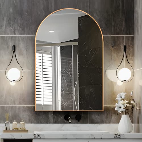 Arched Wall Mirror for Bathroom,20"x30" Arched Mirror Wall Mounted Mirror with Metal Frame, Gold Vanity Mirror Decor for Mantle, Bedroom, Entryway, Living Room - color: Gold, size: 30"L x 20"W