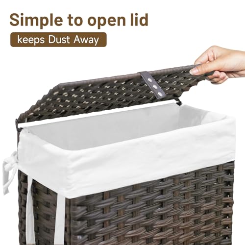 70L Slim Laundry Hamper with Lid & Wheels, Rolling Laundry Basket with 2 Removable Liner Bags & 3 Mesh Bags, Narrow Dirty Clothes Basket, Foldable Handwoven Rattan Laundry Sorter, Brown - color: Brown