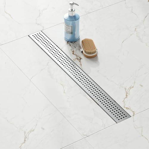 32 inch Linear Shower Drain with Square Hole Pattern Grate Cover | Brushed 304 Stainless Steel Bonding Flange Linear Drain, Low Profile Linear Shower Drain with Hair Strainer - color: 32 in, size: Quadrato Pattern