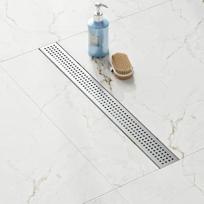 32 inch Linear Shower Drain with Square Hole Pattern Grate Cover | Brushed 304 Stainless Steel Bonding Flange Linear Drain, Low Profile Linear Shower Drain with Hair Strainer - color: 32 in, size: Quadrato Pattern