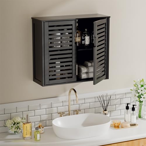 HITNET Black Bathroom Storage Cabinet, Hanging Medicine Cabinet with Adjustable Shelf, Bamboo Over the Toilet Wall Mounted Space Saver Organizer, Double Doors - color: Black