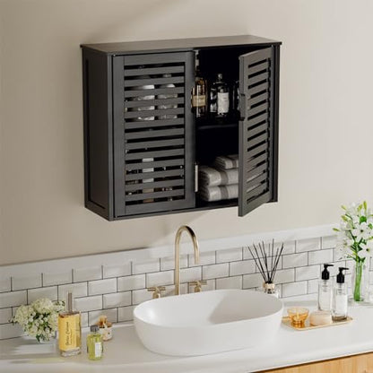 HITNET Black Bathroom Storage Cabinet, Hanging Medicine Cabinet with Adjustable Shelf, Bamboo Over the Toilet Wall Mounted Space Saver Organizer, Double Doors - color: Black