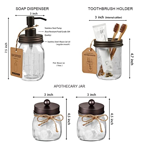 Amolliar Mason Jar Bathroom Accessories Set, 4Pcs Glass Bathroom Set,Bronze | Lotion Soap Dispenser, 2 Cotton Swab Holder, Toothbrush Holder, Farmhouse Rustic Bathroom Decor, Countertop Vanity Organizer - size: Bronze, style: Standard-mouth