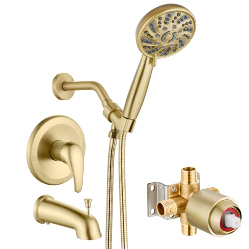gotonovo Tub Shower Faucet Set with Valve 6 Mode Handheld Brushed Gold | Bathtub Faucet Set,6 Mode ABS Handheld Spray,6.3’’ Metal Tub Spout,Brass Valve Trim Kit,Shower Head and Handle Kit,Wall Mount - color: Gold