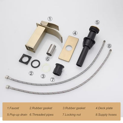 Bathroom Sink Faucet Waterfall Single Handle with Deck Plate | Brushed Gold,Pop Up Drain,Single Hole,Precise Water Adjustment,Rust-resistant Construction,Easy to Clean,Long-lasting Use - color: Brushed Gold, size: Modern Bathroom Sink Faucet