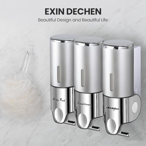 EXIN DECHEN Shampoo and Conditioner Dispenser(Triple x 16.9 oz,Silver) | Easy Installation,Wall-Mounted,Bottle Separable,Large Capacity,Shower Shampoo Conditioner Body Wash Dispenser for Bathroom - color: Silver