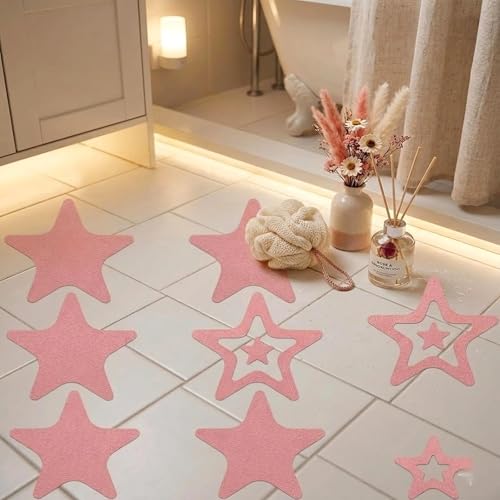 LOGOFUN 12 Pcs Star Anti-Slip Bathtub Stickers, Pink | Provides Textured Traction Points to Smooth Tub and Shower Surfaces, For Bathrooms, Steps, Tiles, and Clean Flat Areas