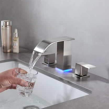 Brushed Nickel Bathroom Sink Faucet 3 Hole, Widespread Vanity faucets with LED Waterfall Modern 3 Hole Faucet for Bathroom Sink pop-up Drain Touch on 2 Handle (Brushed Nickel) - color: Brushed Nickel